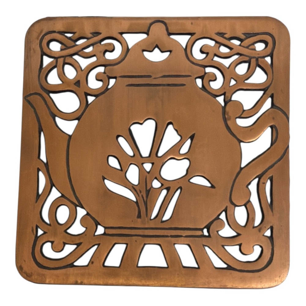 HiMARK copper-plated cast iron trivet Teapot 1980s EUC 6"x6"